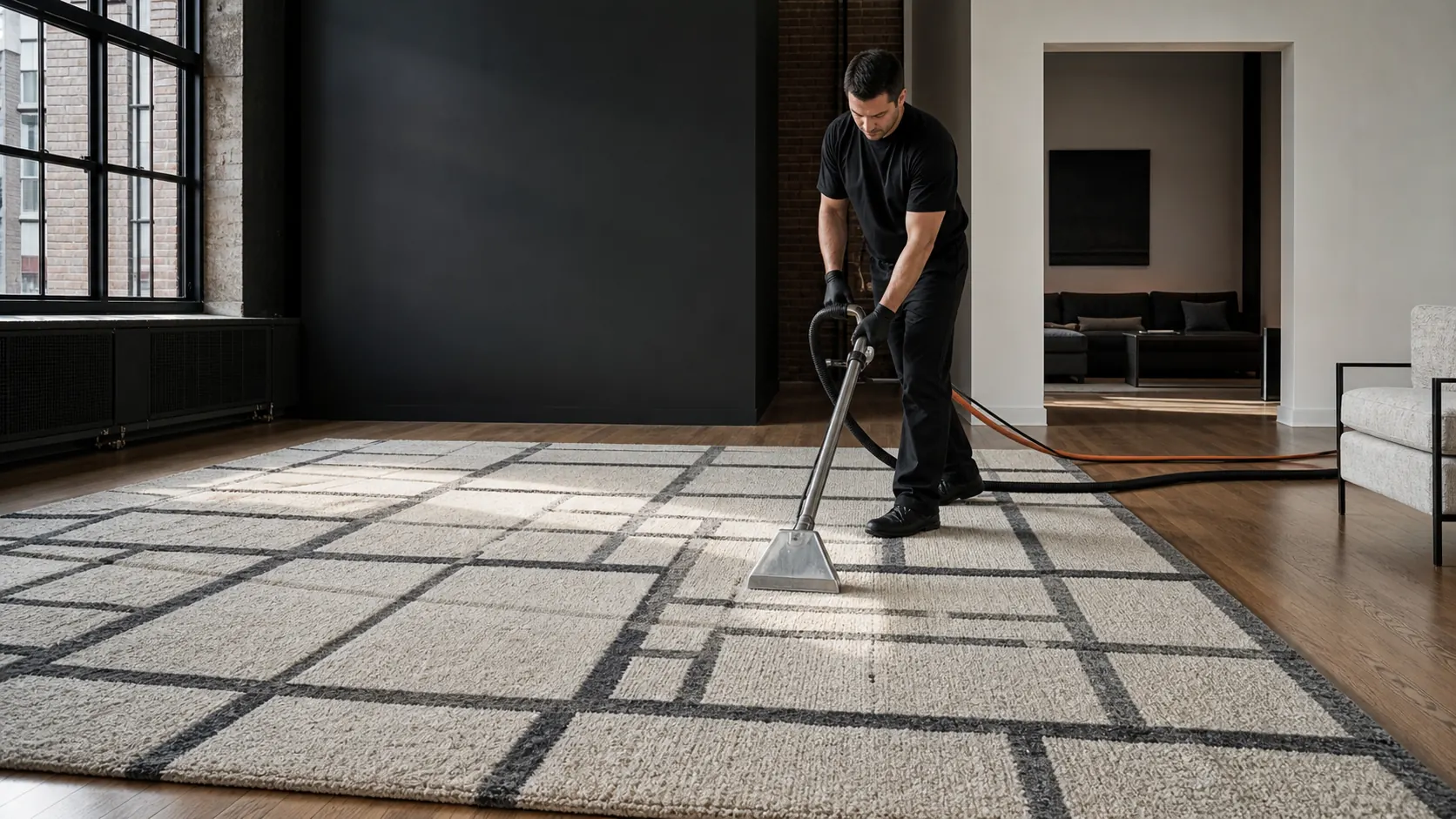 Professional area rug extraction cleaning in a New York loft