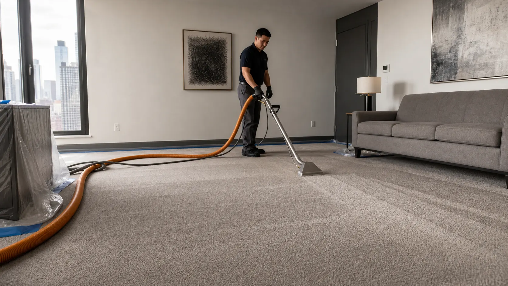 Professional wall-to-wall carpet extraction cleaning in a New York apartment