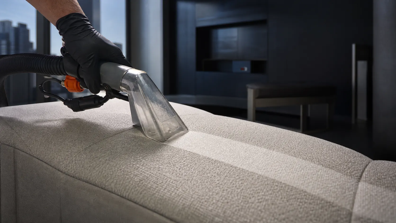 Controlled extraction tool cleaning sofa upholstery