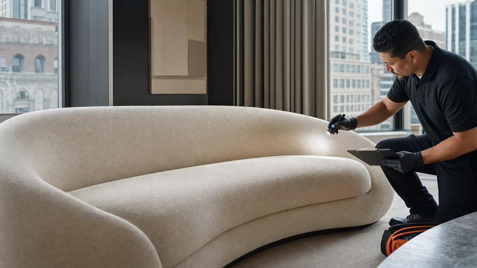 Choose Clean technician reviewing a cleaned couch surface