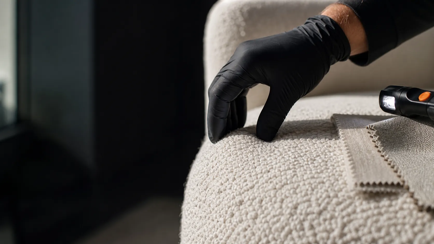 Technician inspecting upholstery weave before cleaning